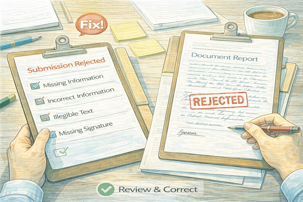 문서 제출 반려 이유를 확인하며 서류를 점검하는 모습