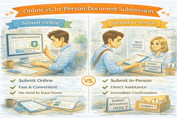 온라인 서류 제출 오프라인 제출 차이를 비교해 설명하는 화면