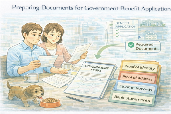 정부 지원금 신청을 위해 필요한 서류를 준비하는 모습