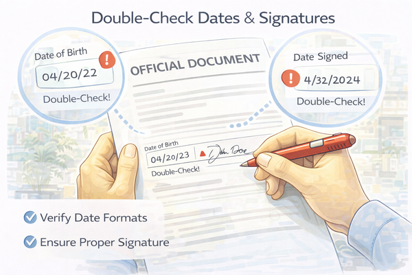 행정 문서 날짜 서명 실수 방지를 위해 문서를 확인하는 모습
